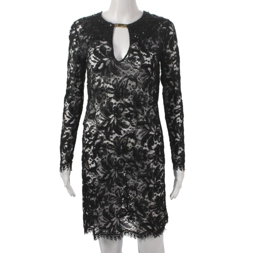 Emilio Pucci Women Sheath Lace V-Neck Long Sleeve Knee Length Black Size S